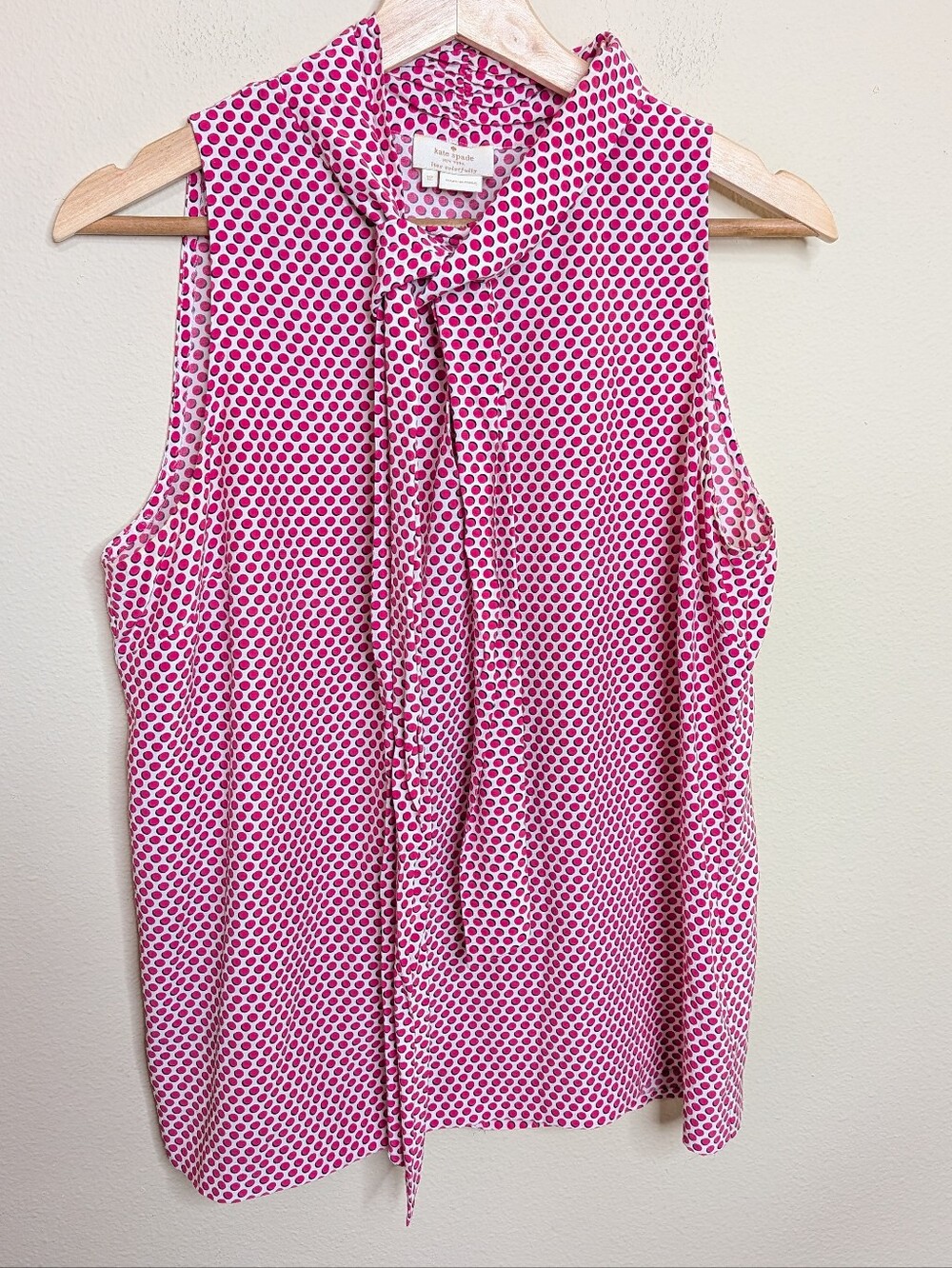 Kate Spade New York Silk Polka Dot Sleeveless Blouse Tie Neck Pink White Size 12